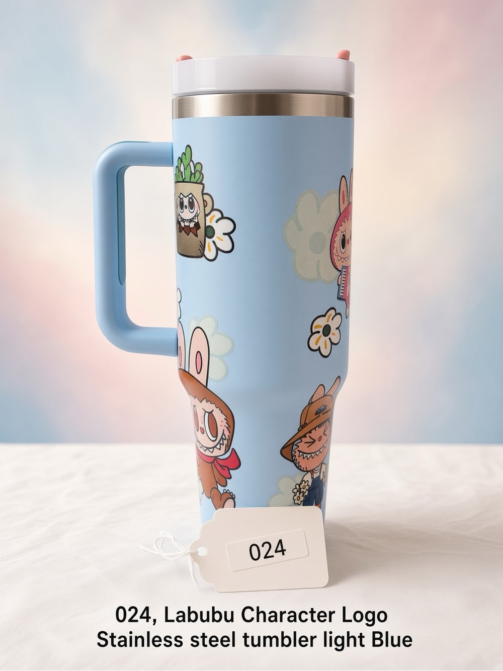 024, Labubu Character Stainless steel tumbler light Blue with Straw.